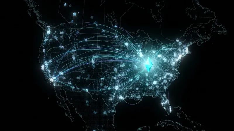 Leuchtende Karte der USA mit Häusern und Routern im ganzen Land, ihre Linien laufen zu einem Pool-Knoten zusammen